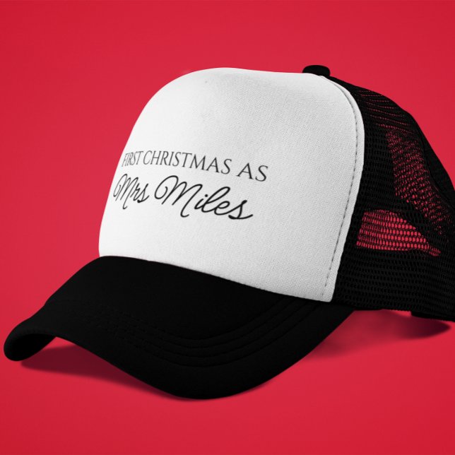 Personalized 'First Christmas as a Mrs.' Surname Trucker Hat (Personalized 'First Christmas as a Mrs.' Surname Trucker Hat)