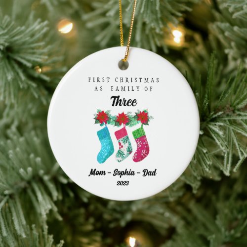Personalized First Christmas As Family of Three Ceramic Ornament