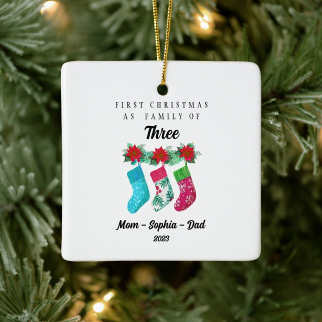 Personalized First Christmas As Family of Three Ceramic Ornament (Tree)