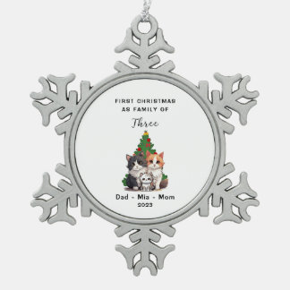 Personalized First Christmas As Family Of Three Snowflake Pewter Christmas Ornament