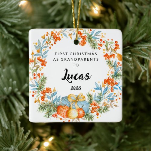 Personalized First Christmas As Grandparents   Ceramic Ornament