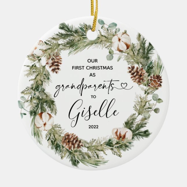 Personalized First Christmas as Grandparents Gift  Ceramic Ornament (Front)