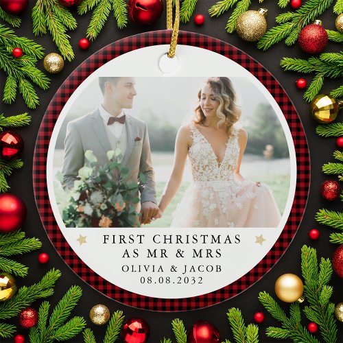 Personalized First Christmas as Mr  Mrs Photo Ceramic Ornament