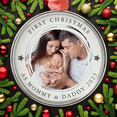 Personalized First Christmas as Parents Photo Metal Ornament
