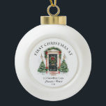 Personalized First Christmas At Our New Home Ceramic Ball Christmas Ornament<br><div class="desc">The Personalized First Christmas At Our New Home Ceramic Ornament is a beautiful keepsake to celebrate a milestone holiday season! Crafted from high-quality ceramic, this ornament features a charming design with festive elements and space to personalize with names, the year, or a heartfelt message. Perfect for commemorating your first Christmas...</div>