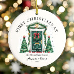 Personalized First Christmas At Our New Home Ceramic Ornament<br><div class="desc">The Personalized First Christmas At Our New Home Ceramic Ornament is a beautiful keepsake to celebrate a milestone holiday season! Crafted from high-quality ceramic, this ornament features a charming design with festive elements and space to personalize with names, the year, or a heartfelt message. Perfect for commemorating your first Christmas...</div>