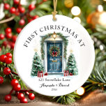 Personalized First Christmas At Our New Home Ceramic Ornament<br><div class="desc">The Personalized First Christmas At Our New Home Ceramic Ornament is a beautiful keepsake to celebrate a milestone holiday season! Crafted from high-quality ceramic, this ornament features a charming design with festive elements and space to personalize with names, the year, or a heartfelt message. Perfect for commemorating your first Christmas...</div>