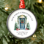 Personalized First Christmas At Our New Home Metal Ornament<br><div class="desc">The Personalized First Christmas At Our New Home Ceramic Ornament is a beautiful keepsake to celebrate a milestone holiday season! Crafted from high-quality ceramic, this ornament features a charming design with festive elements and space to personalize with names, the year, or a heartfelt message. Perfect for commemorating your first Christmas...</div>