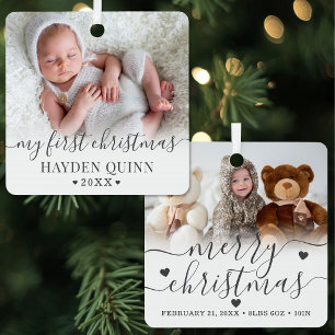 Personalized First Christmas Baby 2 Photo Metal Ornament