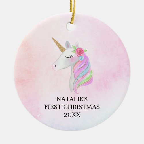 Personalized First Christmas Baby Girl Unicorn Ceramic Ornament