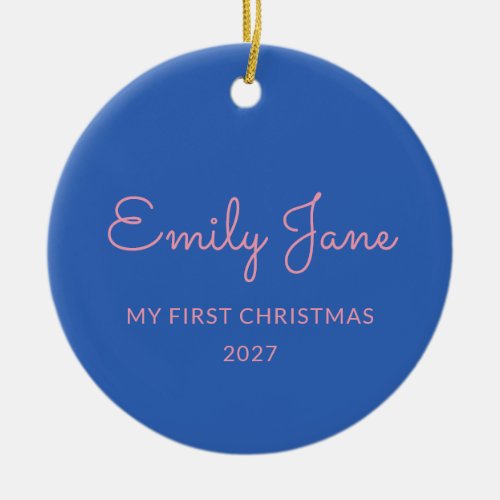 Personalized First Christmas Baby Photo Name Blue Ceramic Ornament