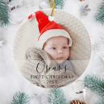 Personalized First Christmas Baby Photo Name Ceramic Ornament<br><div class="desc">Personalize with your favorite baby photos name and date to create a unique memory and gift for a first Christmas. A lovely keepsake to celebrate your new arrival! Designed by Thisisnotme©</div>