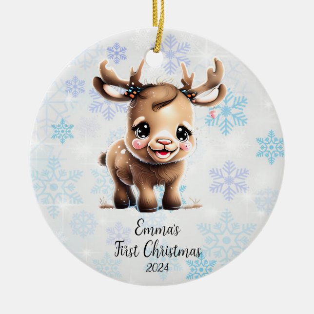 Personalized First Christmas Baby Reindeer  Ceramic Ornament (Front)