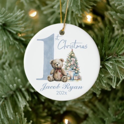 Personalized First Christmas bear for boy Ceramic Ornament