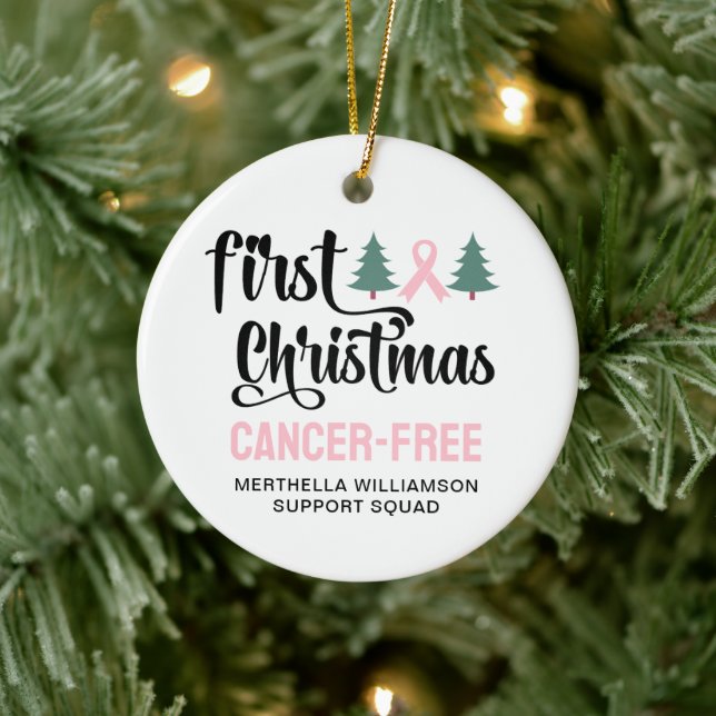 Personalized FIRST CHRISTMAS Breast Cancer Free  Ceramic Ornament (Tree)