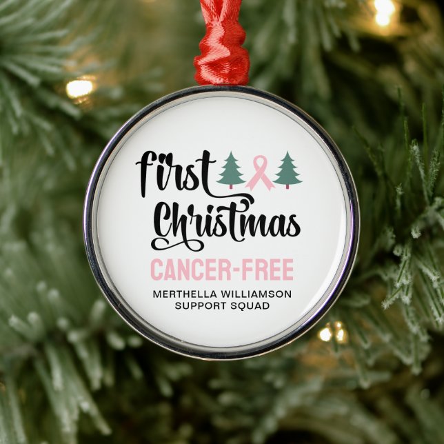Personalized FIRST CHRISTMAS Breast Cancer Free  Metal Ornament (Tree)