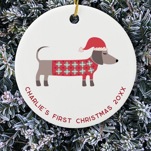 Personalized First Christmas Dachshund Dog Ceramic Ornament
