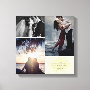 Personalized First Christmas Damask Photo Collage Canvas Print