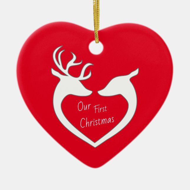 Personalized First Christmas Deer Couple Ceramic Ornament (Front)