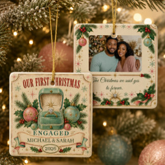 Personalized First Christmas Engaged 2026 Photo Ceramic Ornament