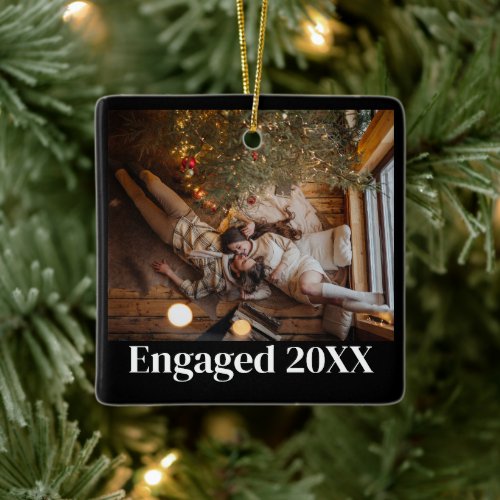 Personalized First Christmas Engaged Couple Black Ceramic Ornament