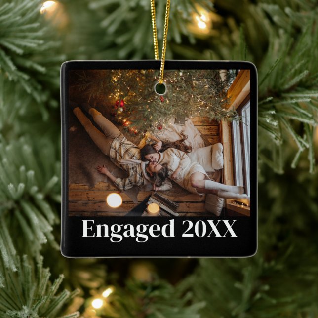 Personalized First Christmas Engaged Couple Black Ceramic Ornament (Tree)