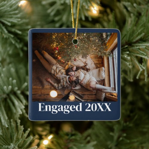Personalized First Christmas Engaged Couple Blue Ceramic Ornament