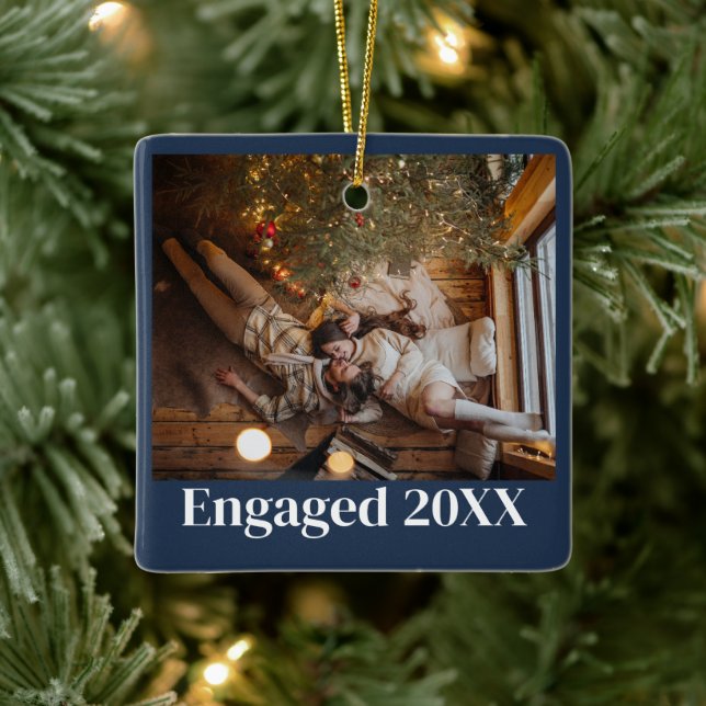 Personalized First Christmas Engaged Couple Blue Ceramic Ornament (Tree)