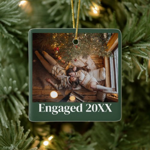 Personalized First Christmas Engaged Couple Green Ceramic Ornament