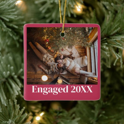 Personalized First Christmas Engaged Couple Pink Ceramic Ornament