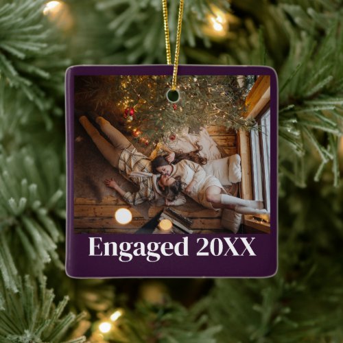 Personalized First Christmas Engaged Couple Purple Ceramic Ornament