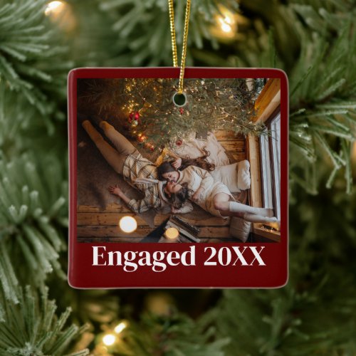 Personalized First Christmas Engaged Couple Red Ceramic Ornament