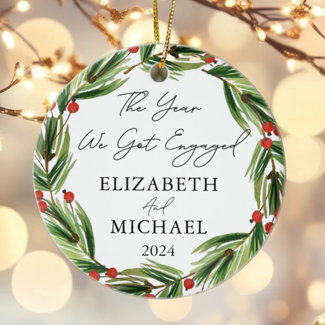 Personalized First Christmas Engaged Festive Ceramic Ornament (Creator Uploaded)