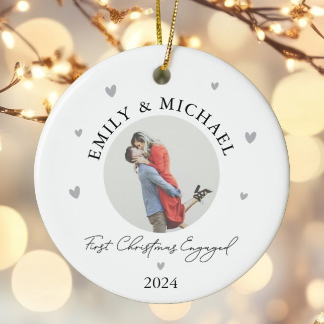 Personalized First Christmas Engaged Festive Photo Ceramic Ornament (Creator Uploaded)