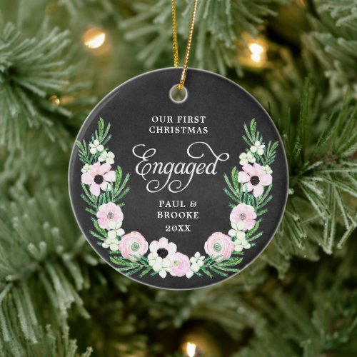 Personalized First Christmas Engaged Floral Wreath Ceramic Ornament