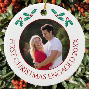 Personalized First Christmas Engaged Photo Ceramic Ornament