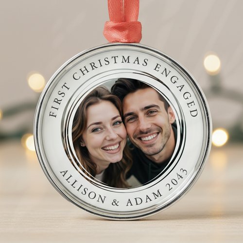 Personalized First Christmas Engaged Photo Metal Ornament