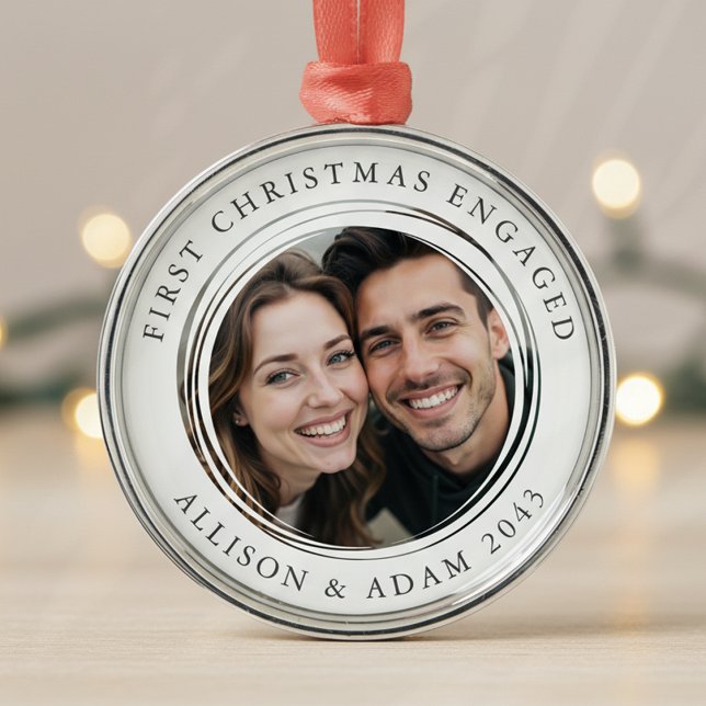 Personalized First Christmas Engaged Photo Metal Ornament (Creator Uploaded)