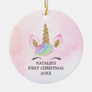 Personalized First Christmas Girl Unicorn Glitter Ceramic Ornament