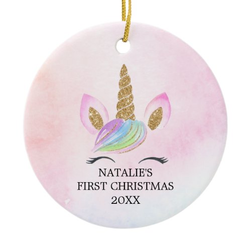 Personalized First Christmas Girl Unicorn Glitter Ceramic Ornament