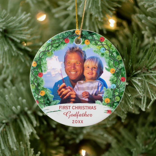 Personalized First Christmas Godfather Ceramic Ornament (Tree)