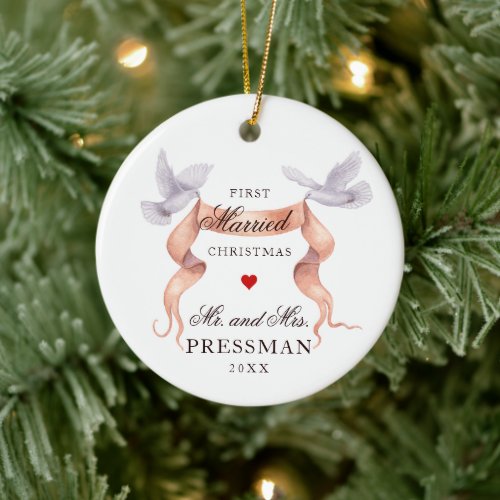 Personalized First Christmas Married Pair of Doves Ceramic Ornament