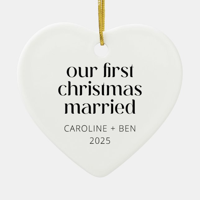 Personalized First Christmas Married Photo Heart Ceramic Ornament (Front)
