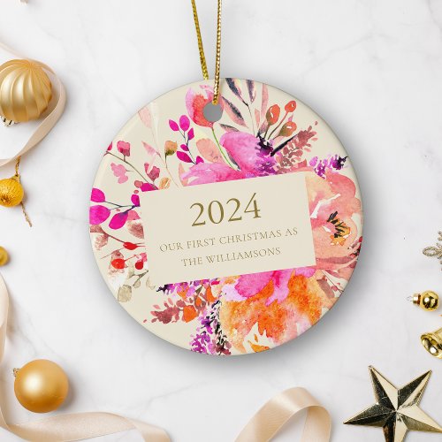 Personalized First Christmas Married Pink Floral  Ceramic Ornament