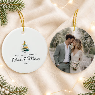 Personalized First Christmas Married Tree 1 Photo Ceramic Ornament