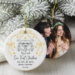 Personalized First Christmas Married with Photo Ceramic Ornament