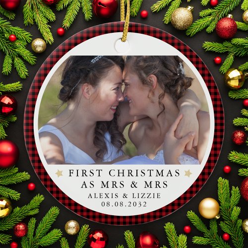 Personalized First Christmas Mrs  Mrs Photo Ceramic Ornament