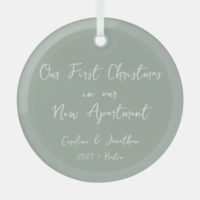 Personalized First Christmas New Apartment Sage Glass Ornament (Front)