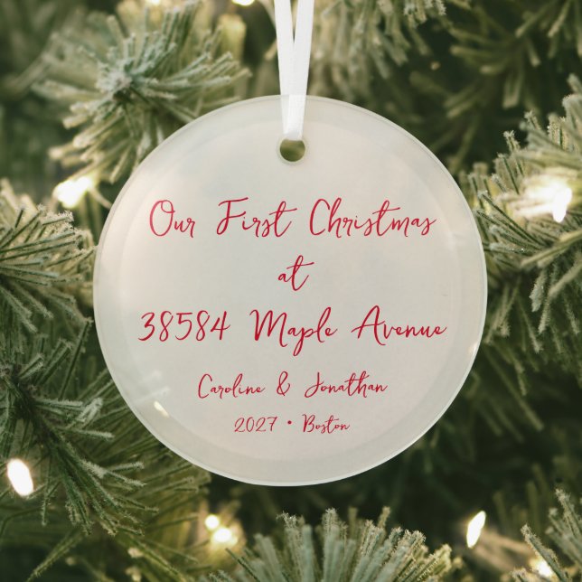 Personalized First Christmas New Home Address Red Glass Ornament (Insitu)