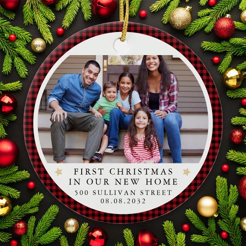 Personalized First Christmas New Home Plaid Photo Ceramic Ornament